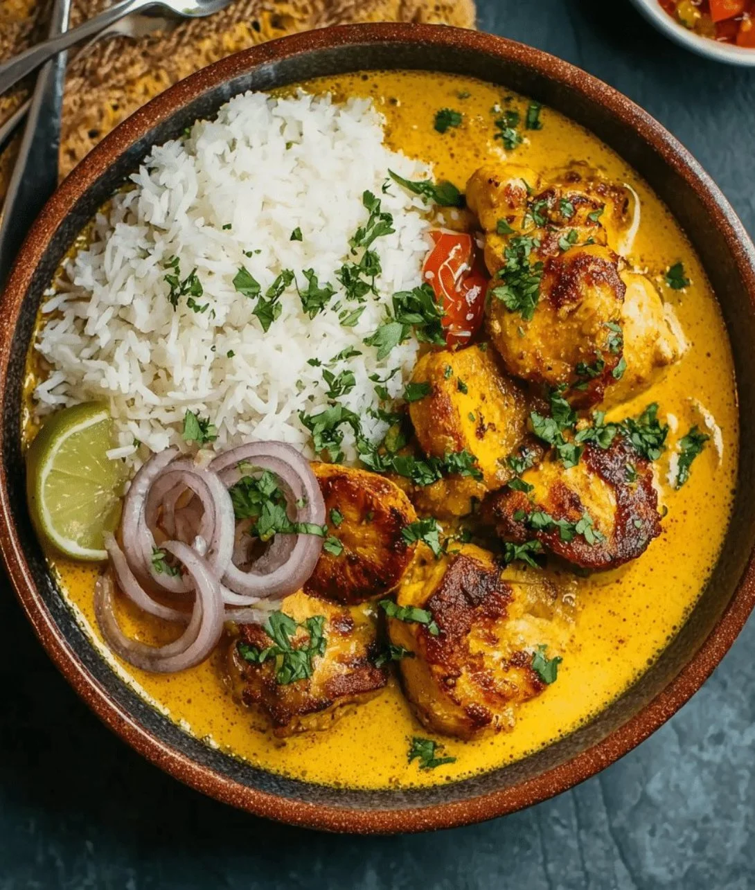 Plate of Churu Yellow Chicken featuring its distinct bright yellow color and succulent pieces.
