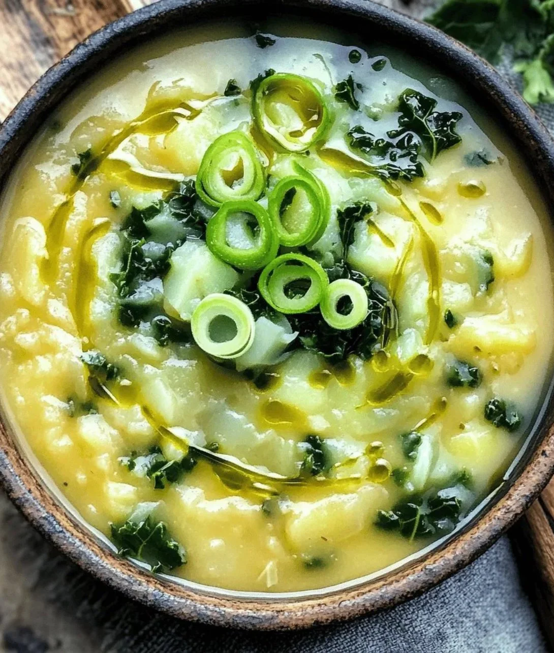 A bowl of creamy Colcannon Soup with potatoes and greens on a wooden table.