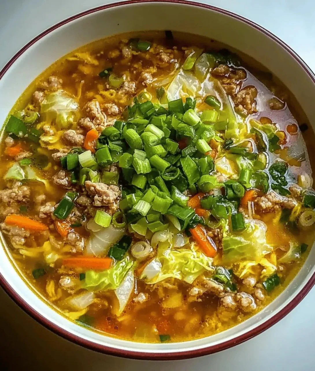Delicious one-pot egg roll soup in a bowl with vibrant vegetables and herbs.