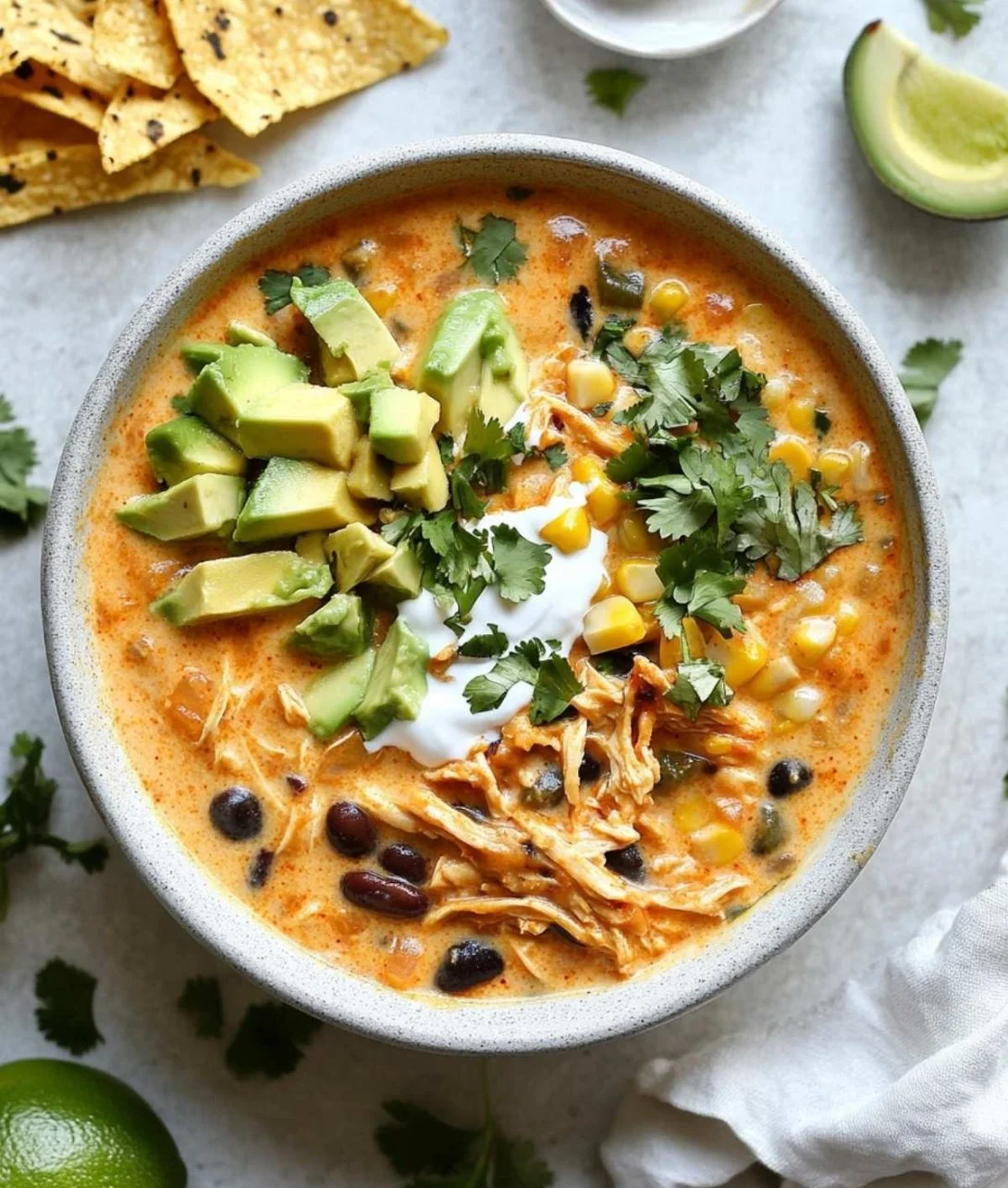 Bowl of creamy chicken enchilada soup garnished with cilantro and cheese