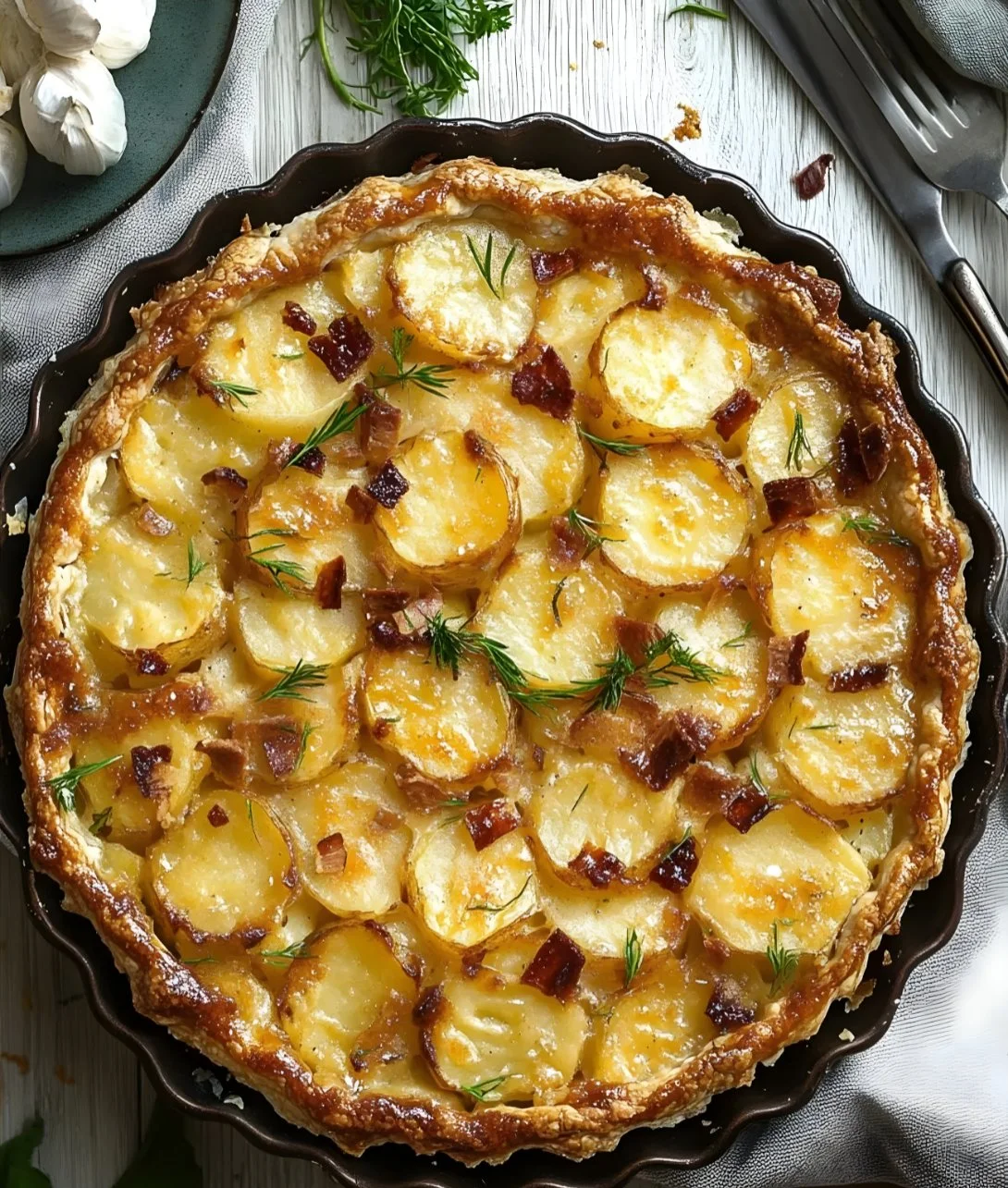 Creamy Irish Potato Pie topped with crispy bacon, a delicious comfort food dish