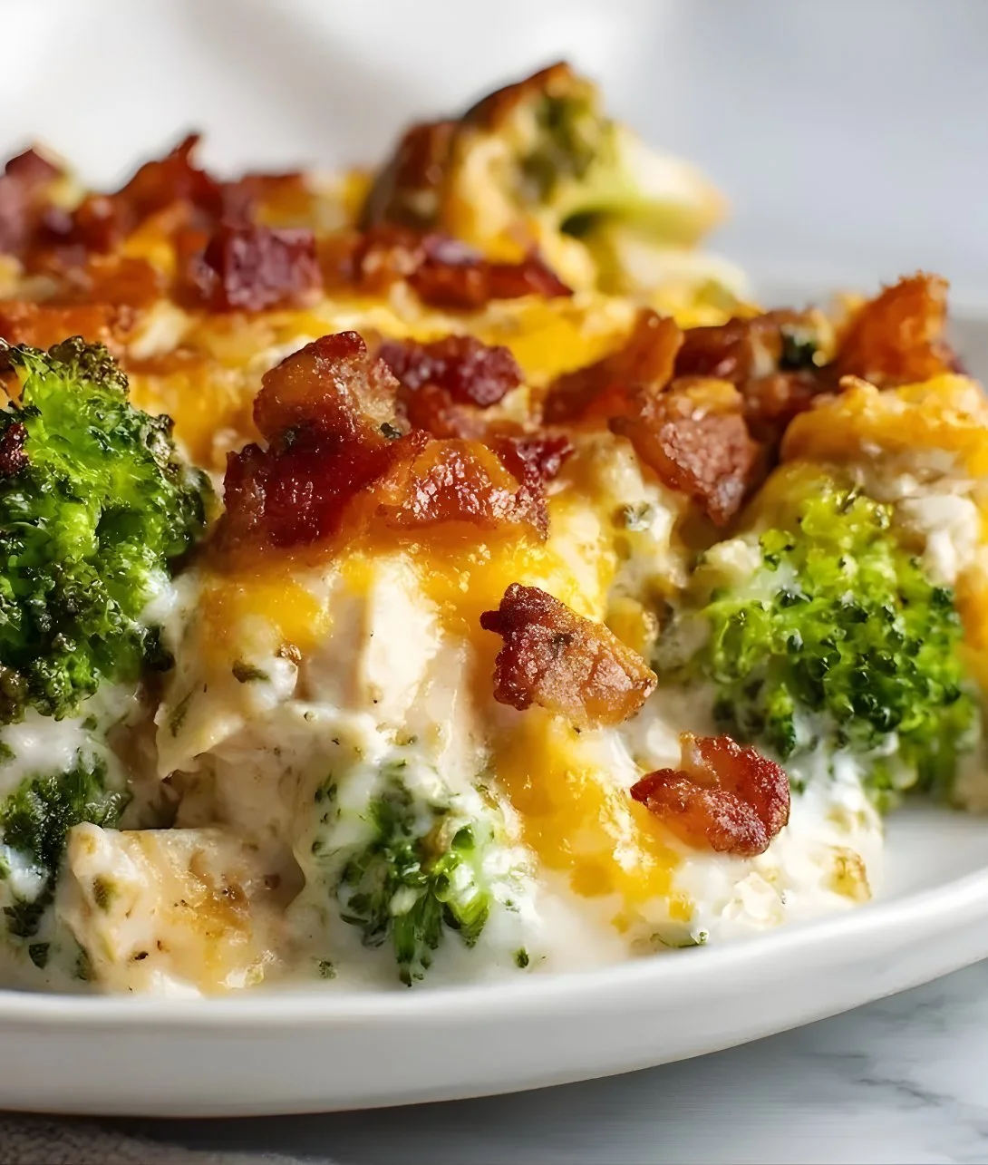 Creamy low carb chicken casserole served in a baking dish
