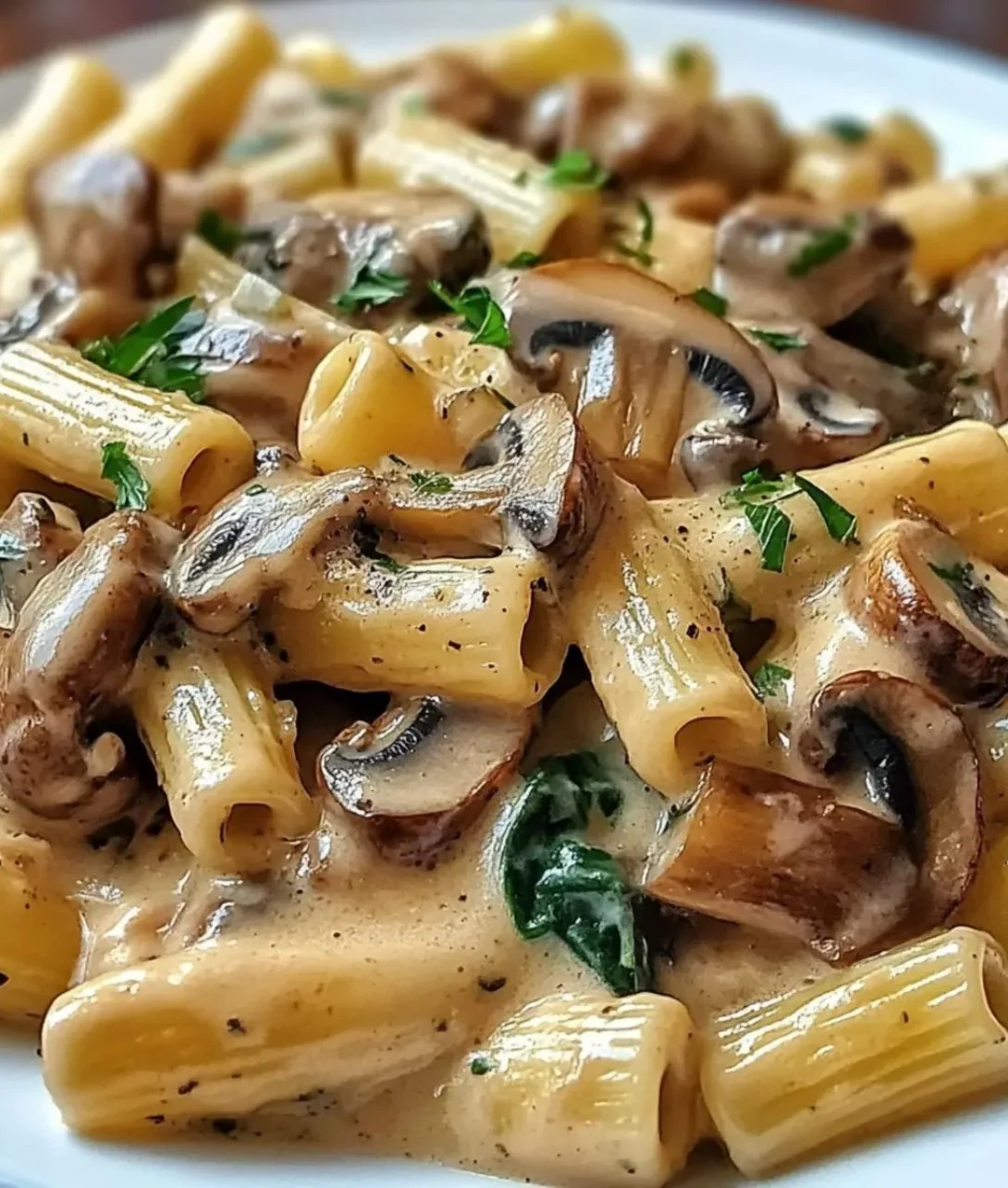 Creamy Tuscan mushroom pasta skillet with fresh mushrooms and herbs in a bowl