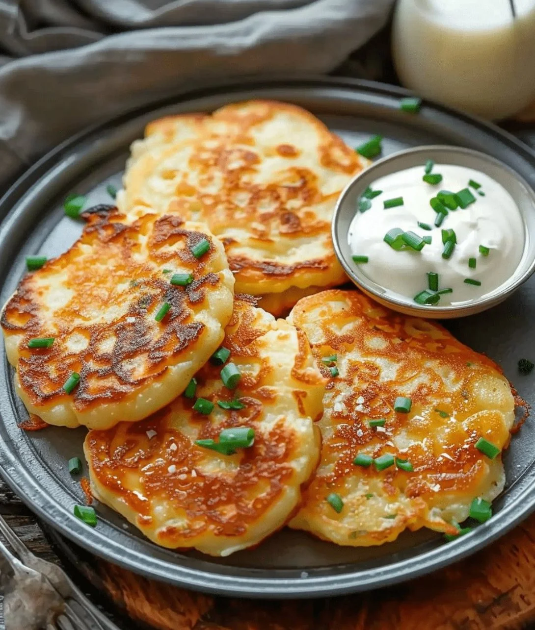 Crispy Korean potato pancakes served on a plate with herbs