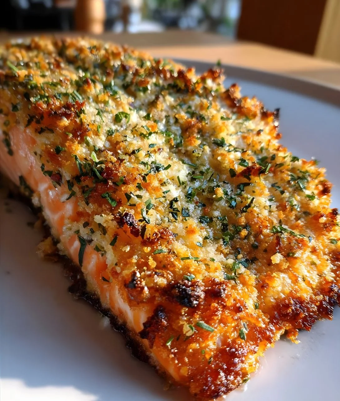 Crispy Parmesan crusted baked salmon with herbs on a plate