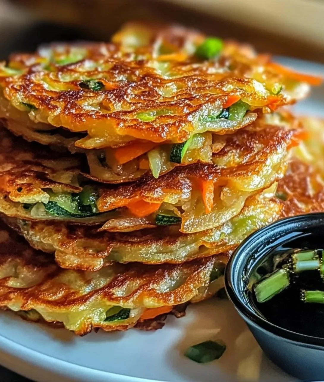 Crispy vegetable pancakes topped with herbs and served with dipping sauce.