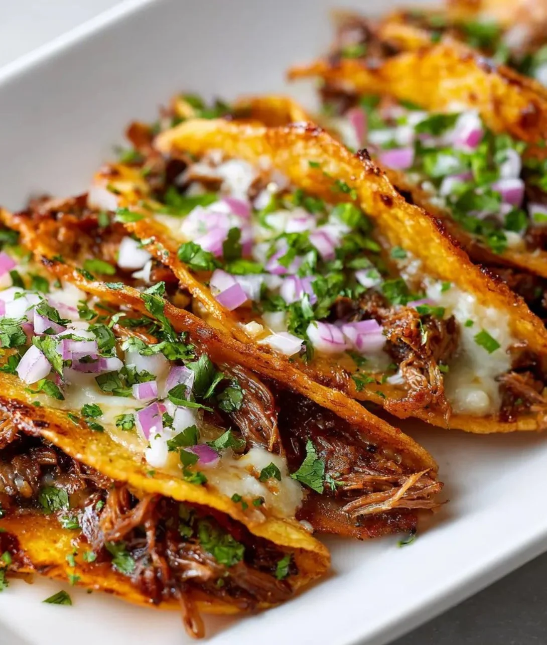 Delicious Crock Pot Birria Tacos garnished with fresh cilantro and onions