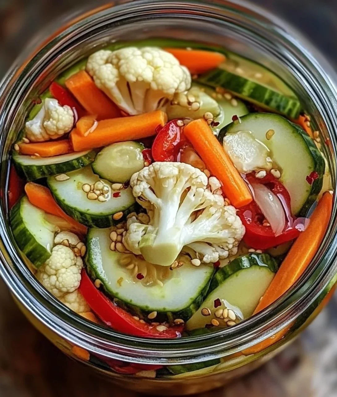Bowl of crunchy tangy refrigerator pickled vegetables with vibrant colors