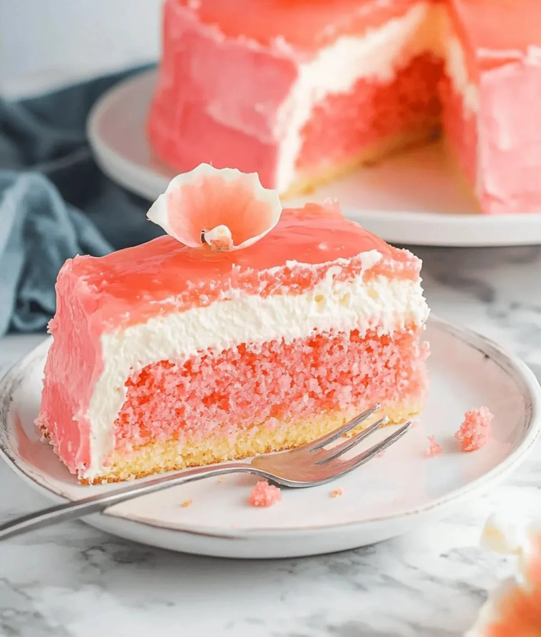 A slice of decadent Hawaiian Guava Cake with tropical toppings and vibrant colors.