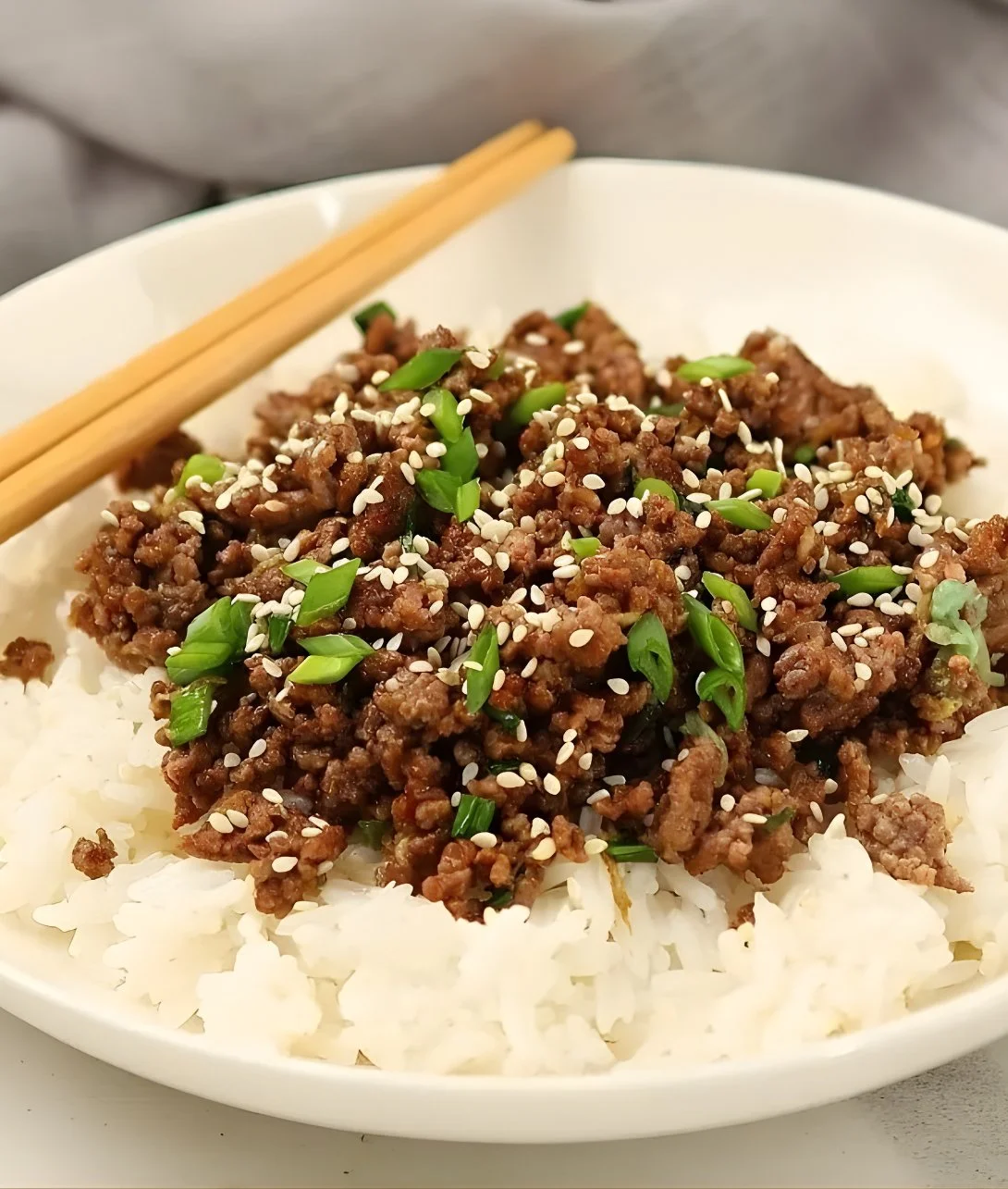Delicious Korean Ground Beef Bowl served with rice and vegetables