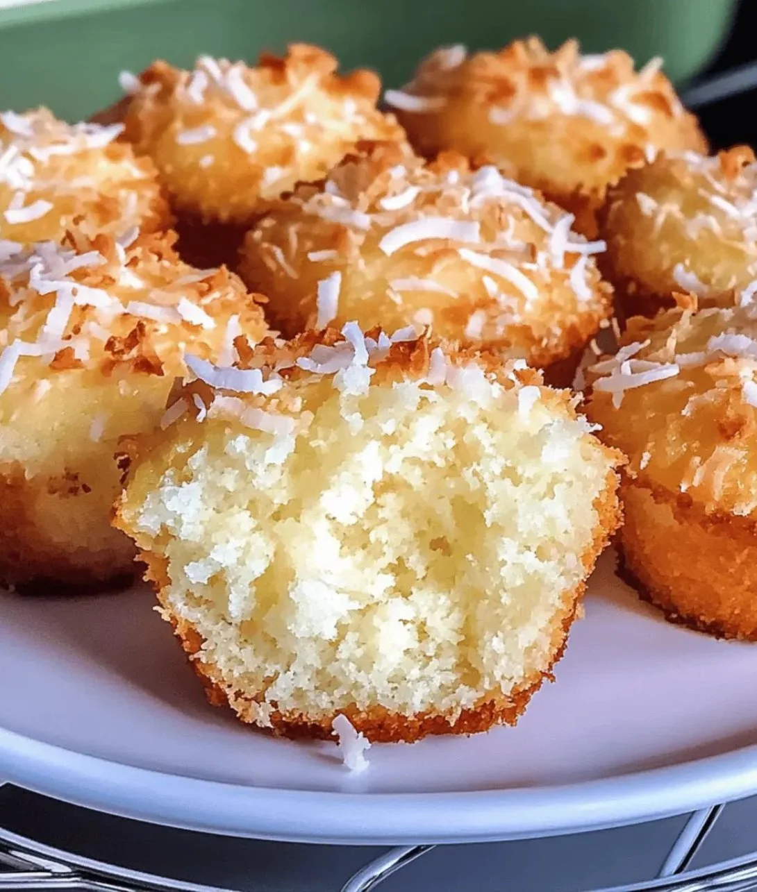 Deliciously light Portuguese Coconut Cakes garnished with coconut flakes