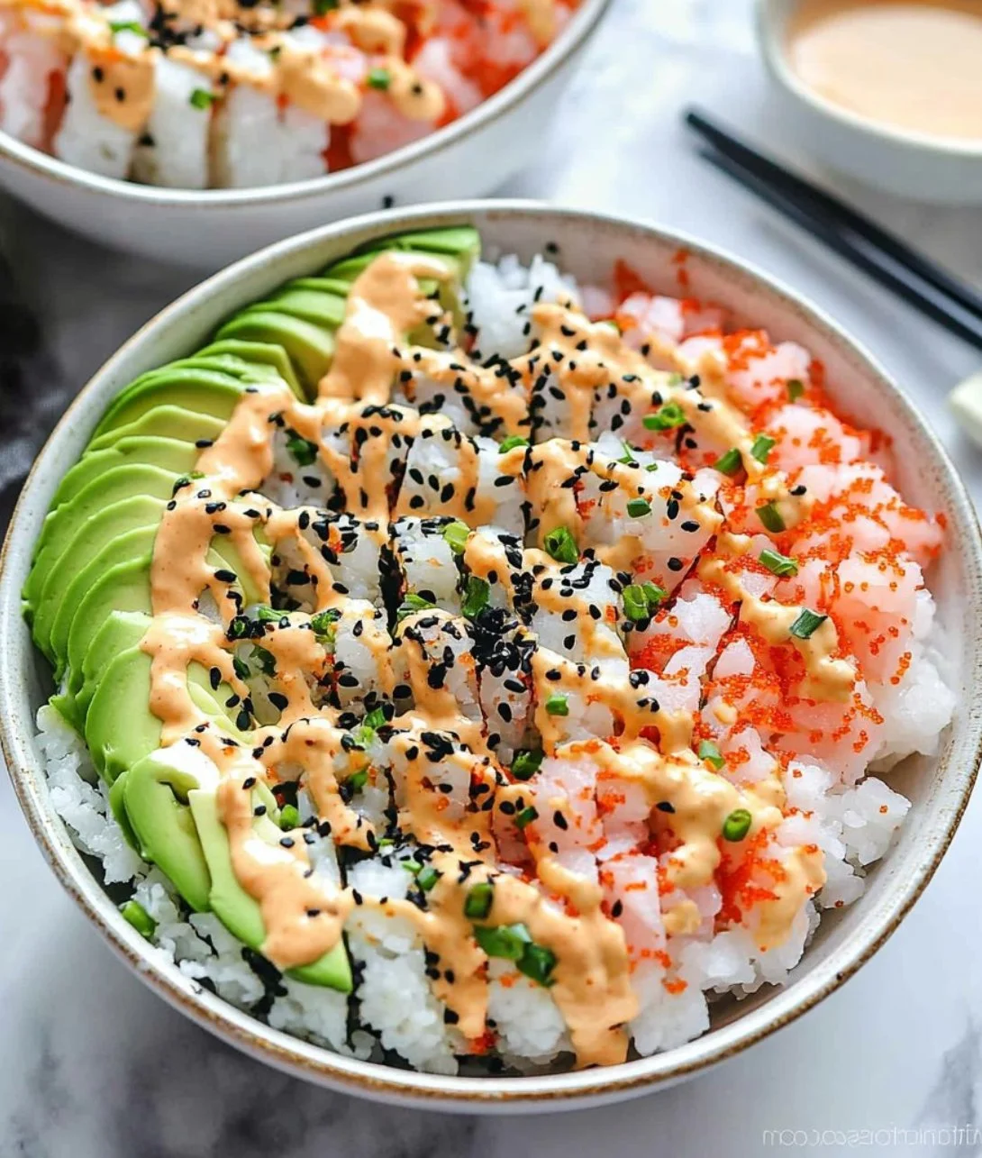 Easy California Roll Sushi Bowl filled with fresh ingredients and sushi rice