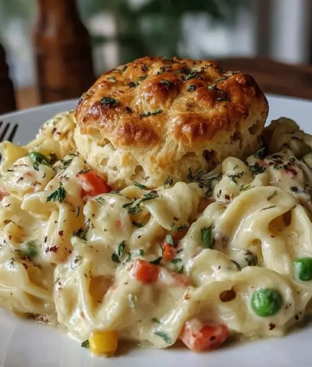 Delicious easy chicken pot pie casserole served in a baking dish