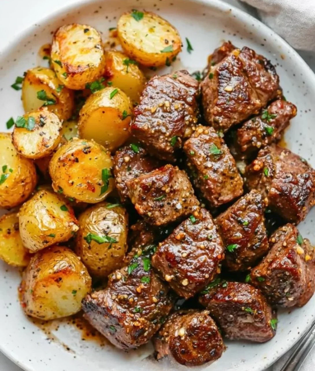 Delicious Garlic Steak Bites served with crispy potatoes