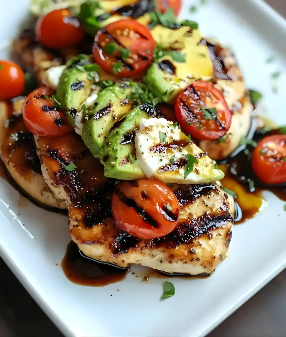 Grilled California avocado chicken garnished with fresh herbs and served on a plate.