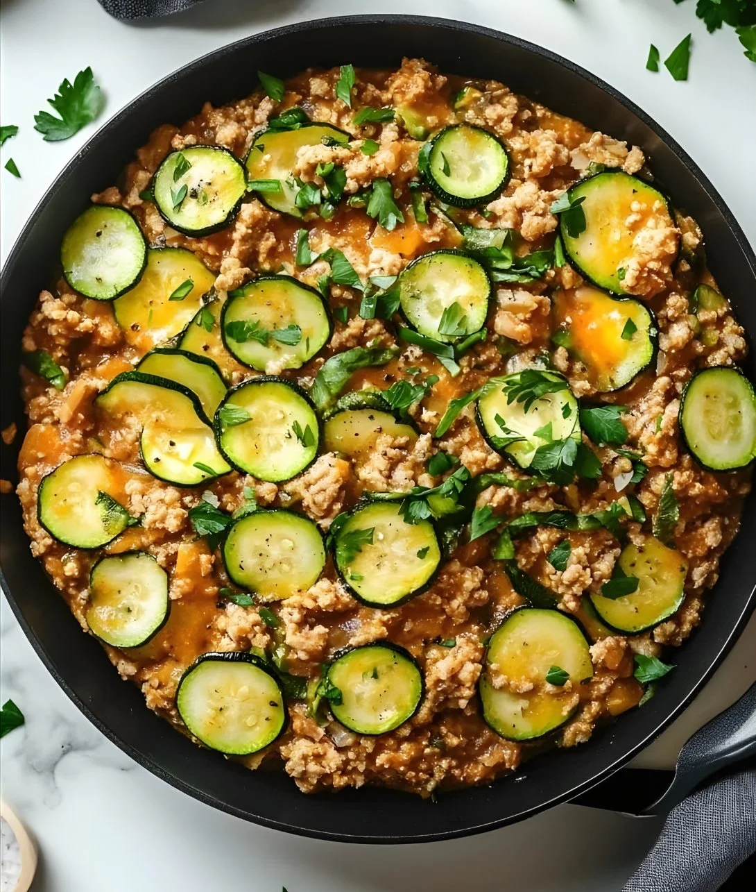 Ground Turkey and Zucchini Skillet served in a skillet