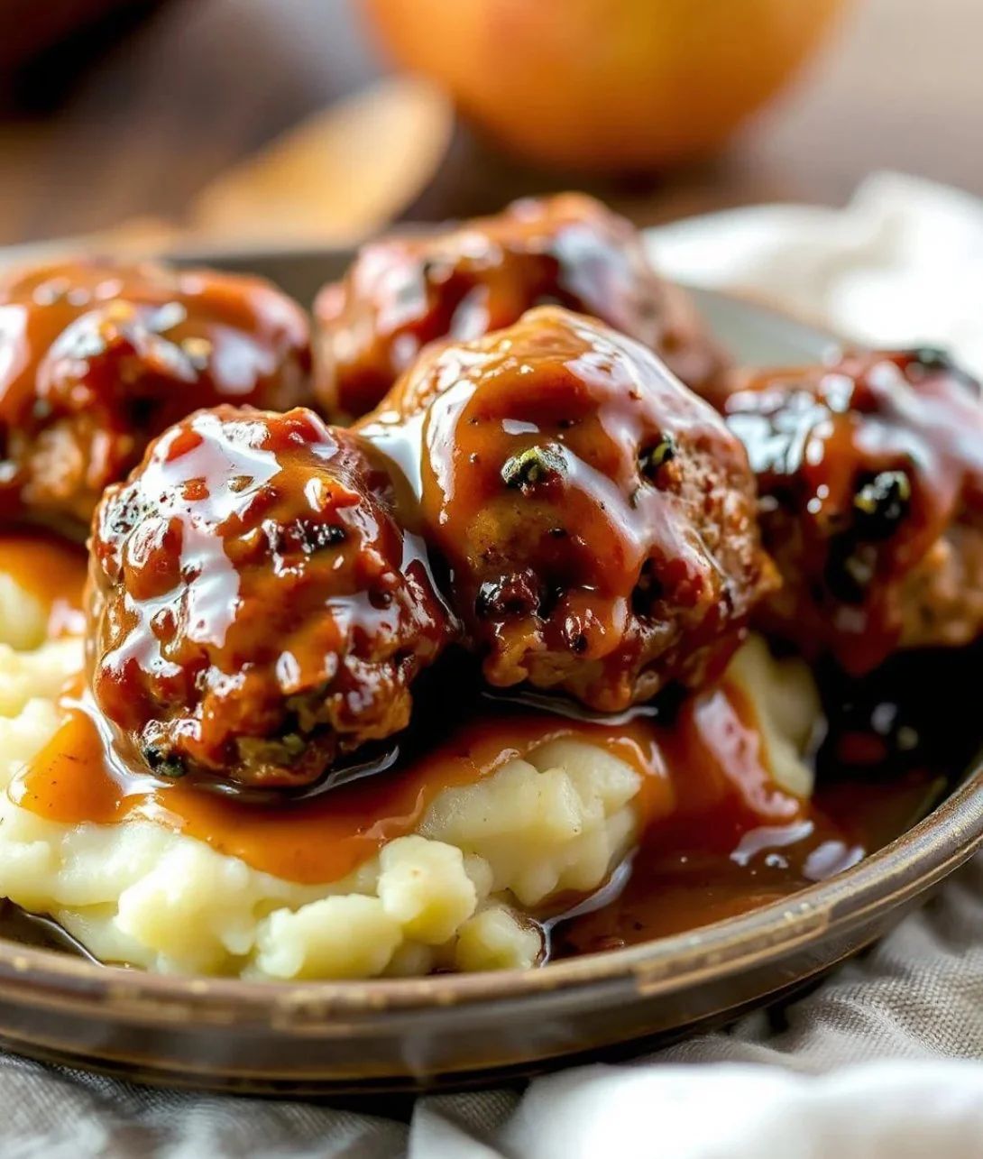 Healthy apple cider turkey meatballs served on a plate with garnishes.
