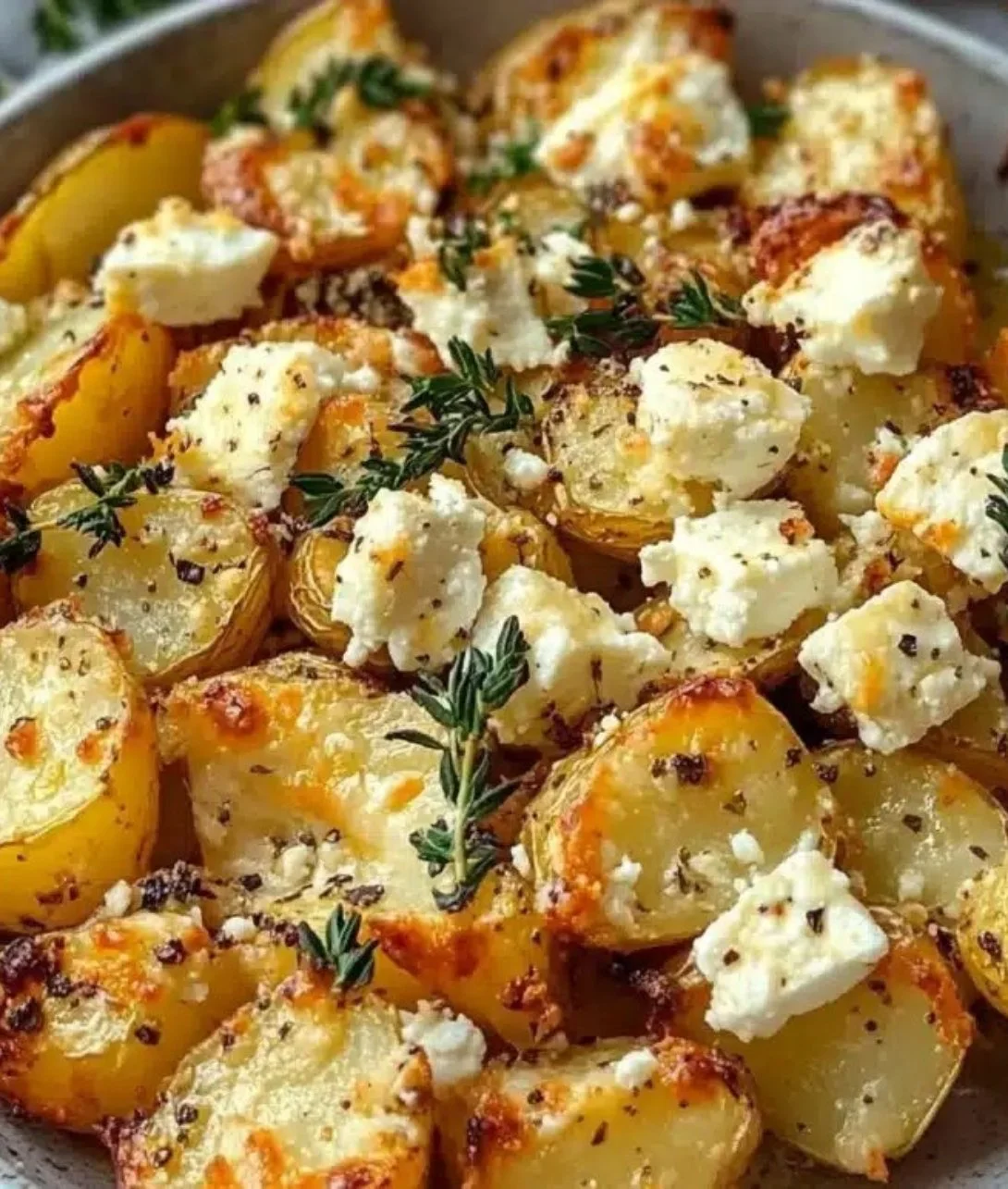 Healthy baked feta potatoes served with herbs and vegetables.