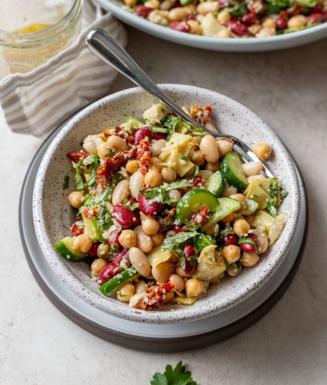Healthy high protein three bean salad with mixed beans and vegetables
