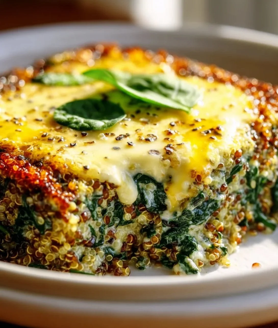 Healthy quinoa lentil spinach bake served in a dish