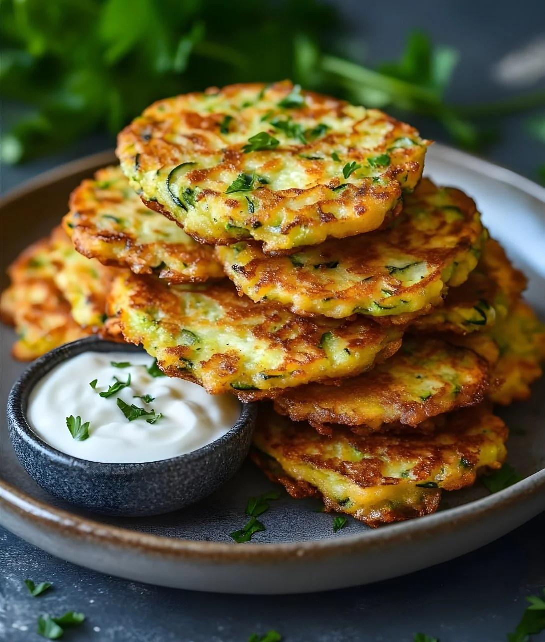 Healthy zucchini fritters on a plate garnished with herbs