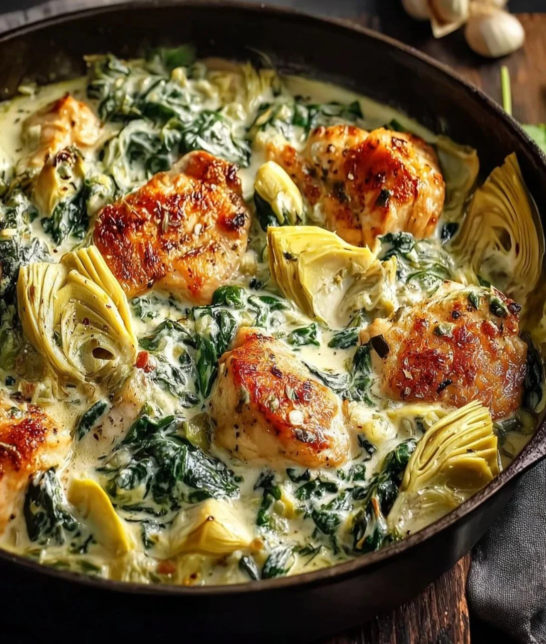 High-protein spinach and artichoke chicken casserole in a baking dish