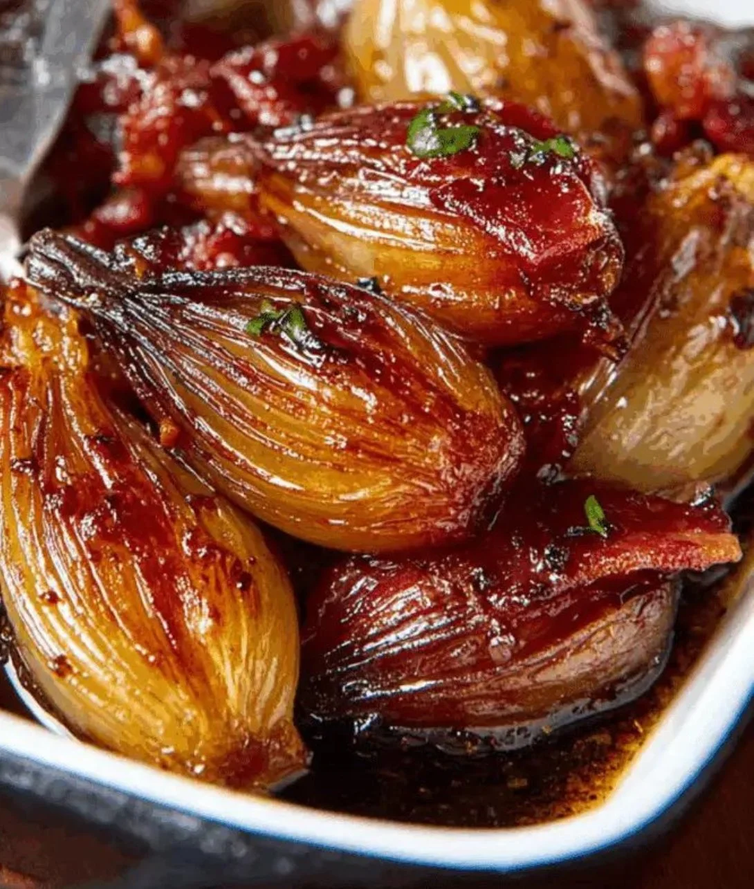 Honey-glazed shallots with crispy bacon served on a plate.