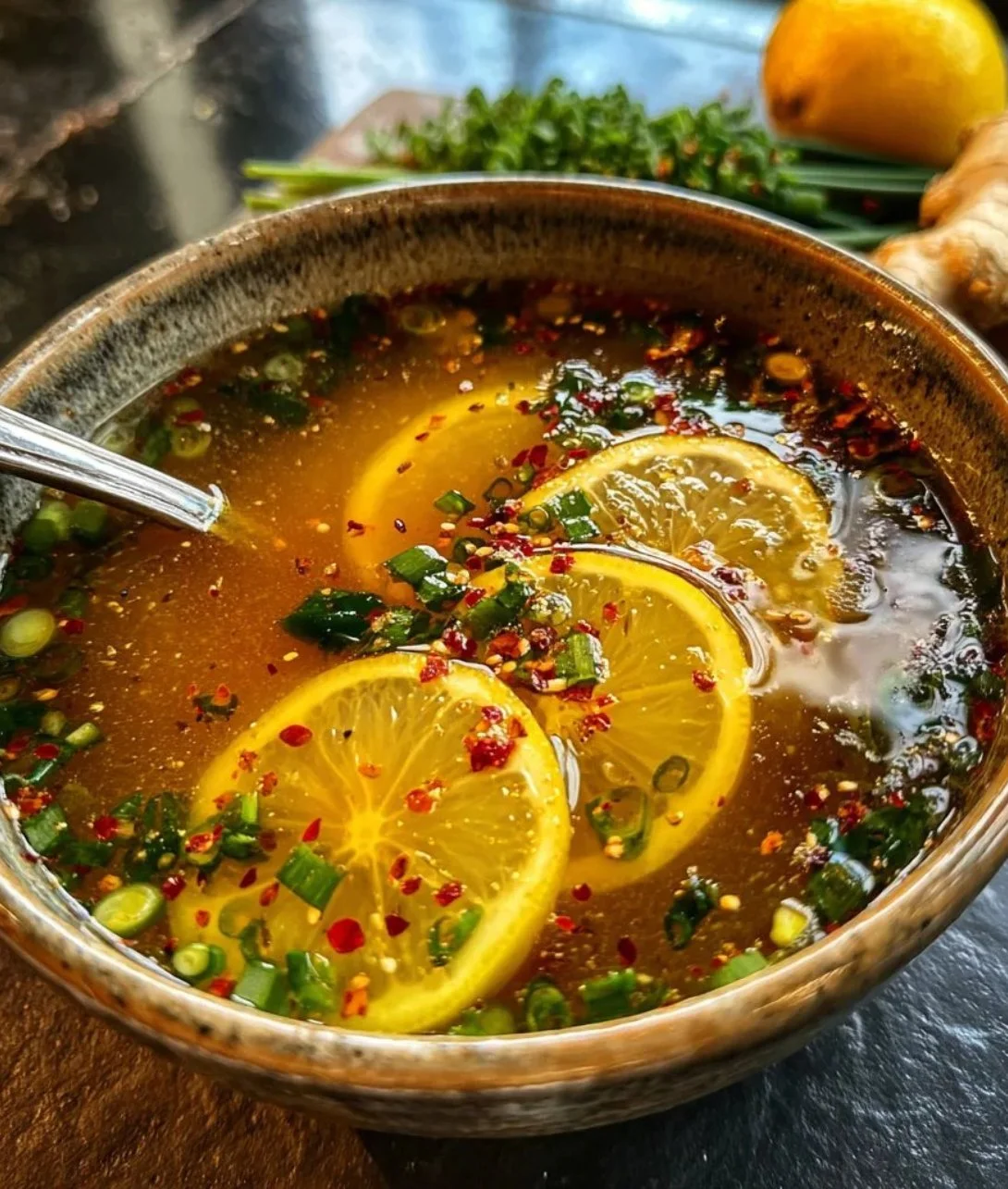 Bowl of immunity-boosting lemon ginger garlic soup with fresh ingredients