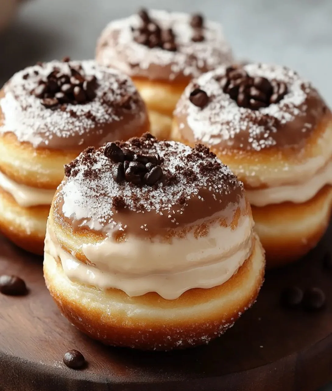 Indulgent coffee cream-filled donuts topped with glaze and sprinkles