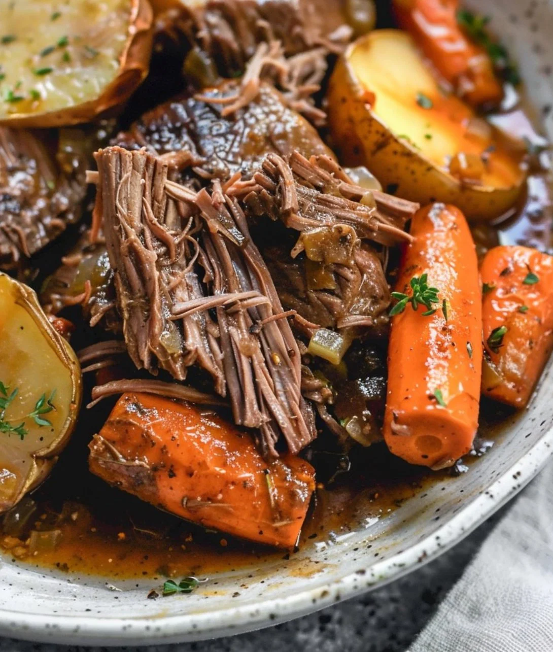 Delicious Instant Pot pot roast served with vegetables and gravy