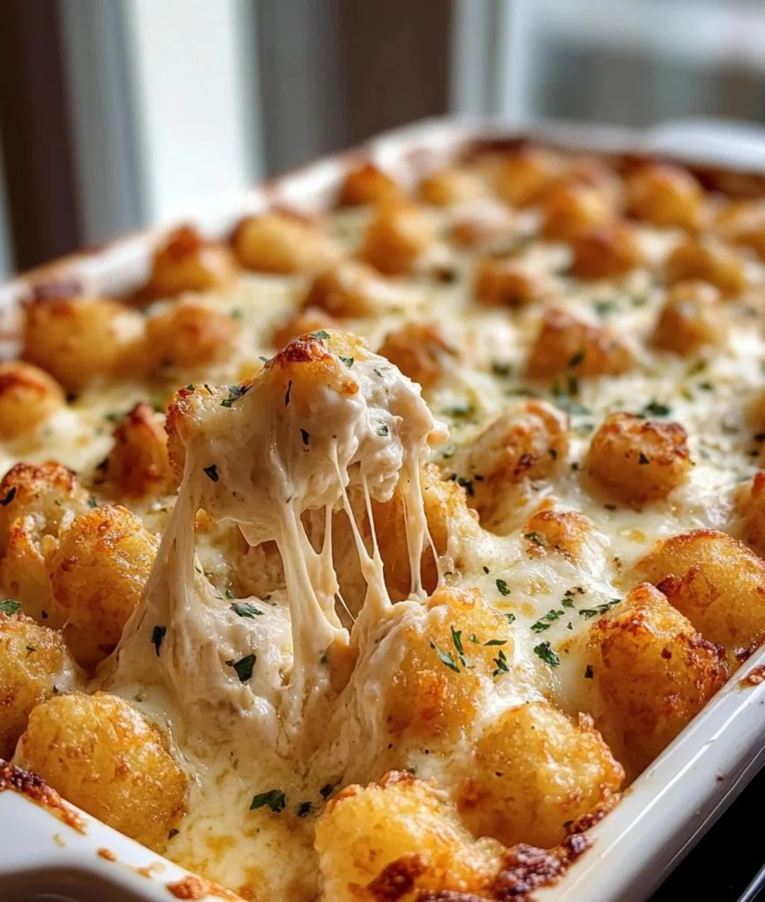 Irresistible Chicken Alfredo Tater Tot Casserole topped with crispy tater tots