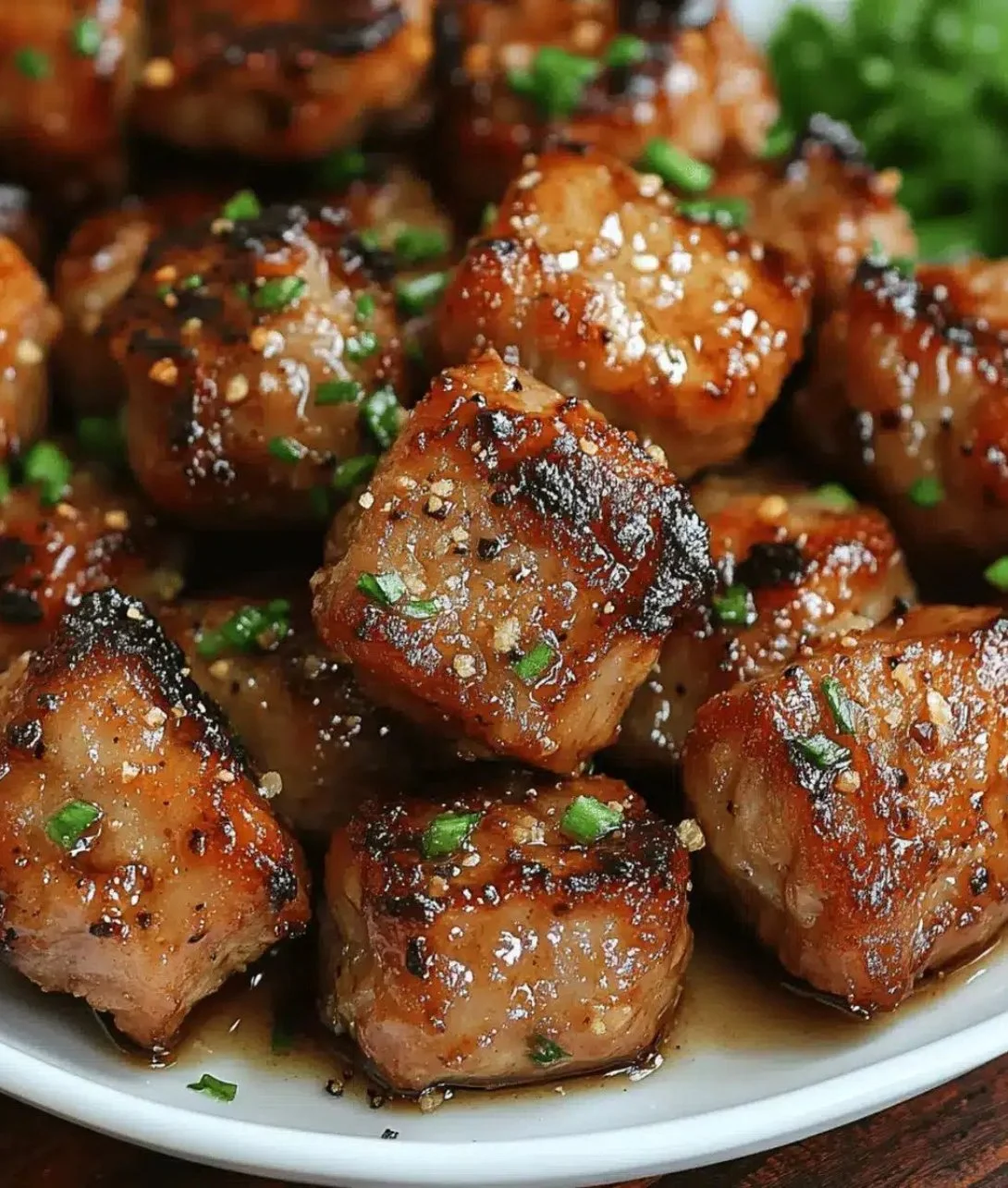 Plate of savory garlic pork bites garnished with herbs