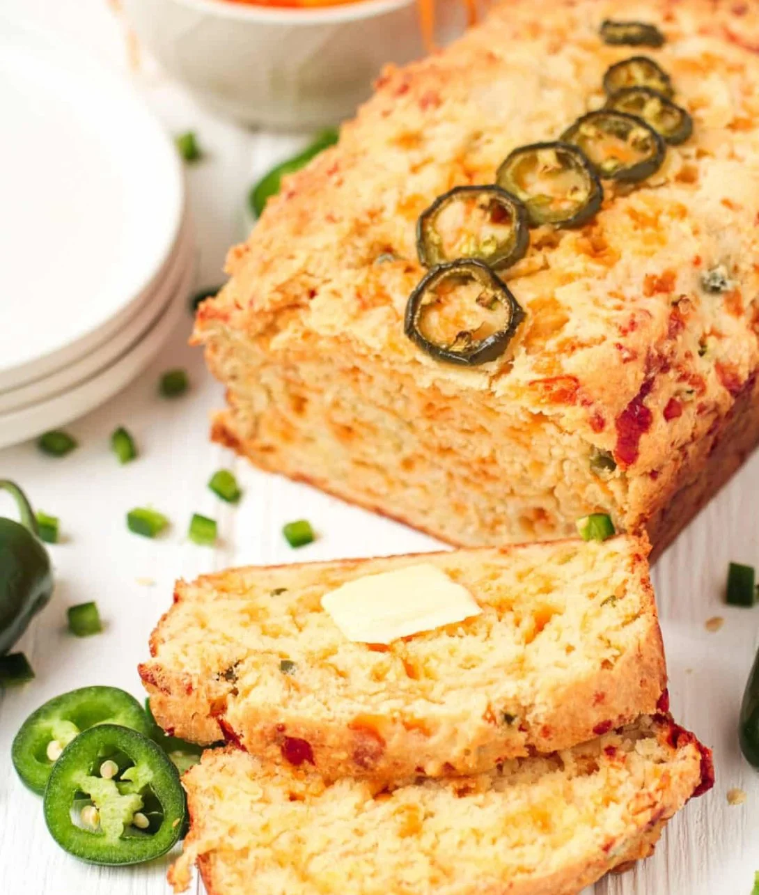 Freshly baked jalapeño cheddar bread with a golden crust and spicy flavor