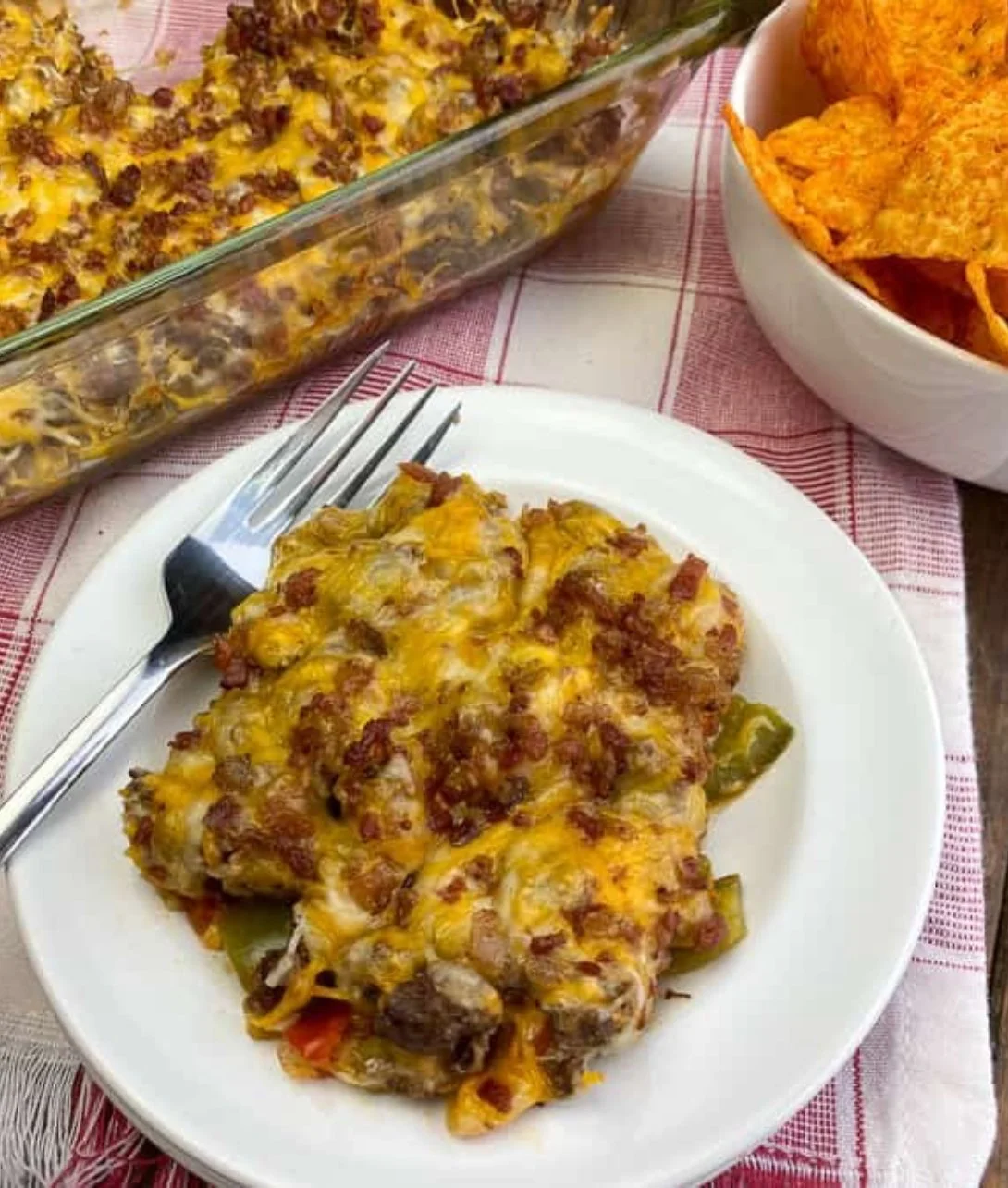 Keto Ground Beef and Bacon Casserole with cheese and vegetables