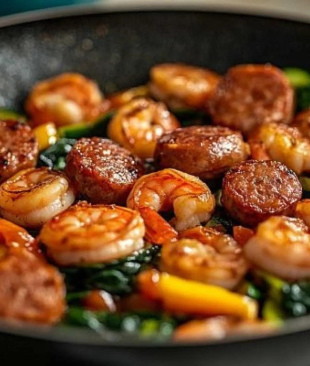 Keto shrimp and sausage skillet recipe in a colorful pan