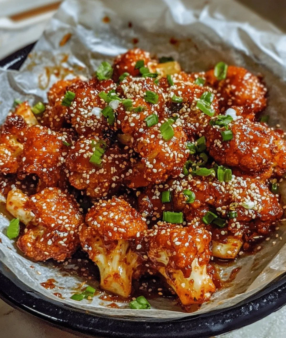 Delicious Korean Baked Cauliflower garnished and ready to serve