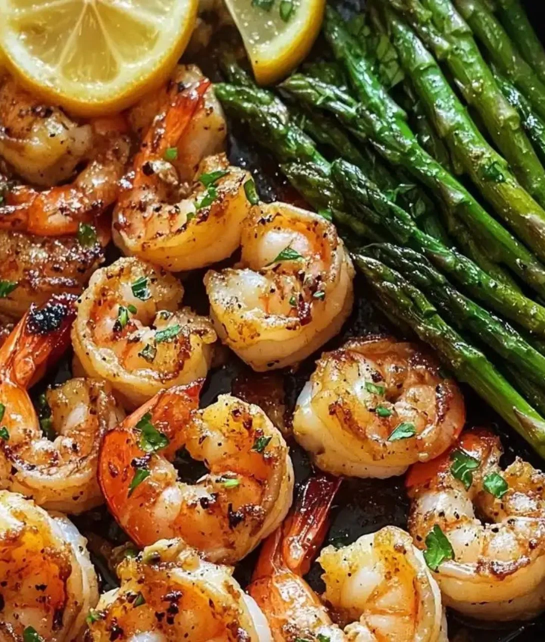 Plate of lemon garlic shrimp with asparagus on a wooden table.