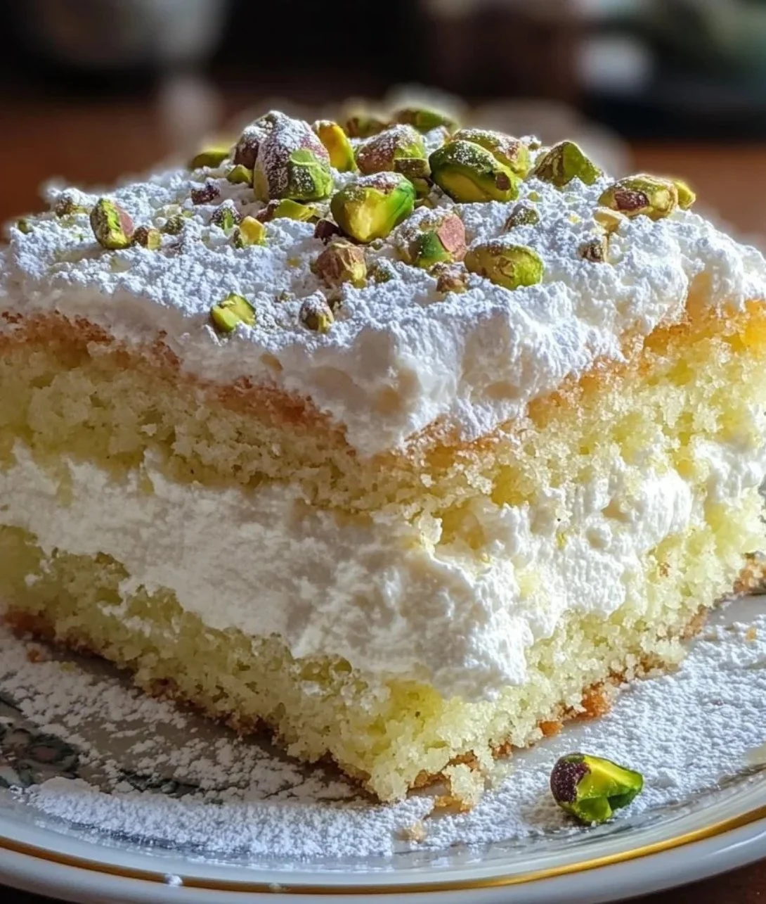Lemon Pistachio Ricotta Cloud Cake topped with fresh pistachios and lemon zest