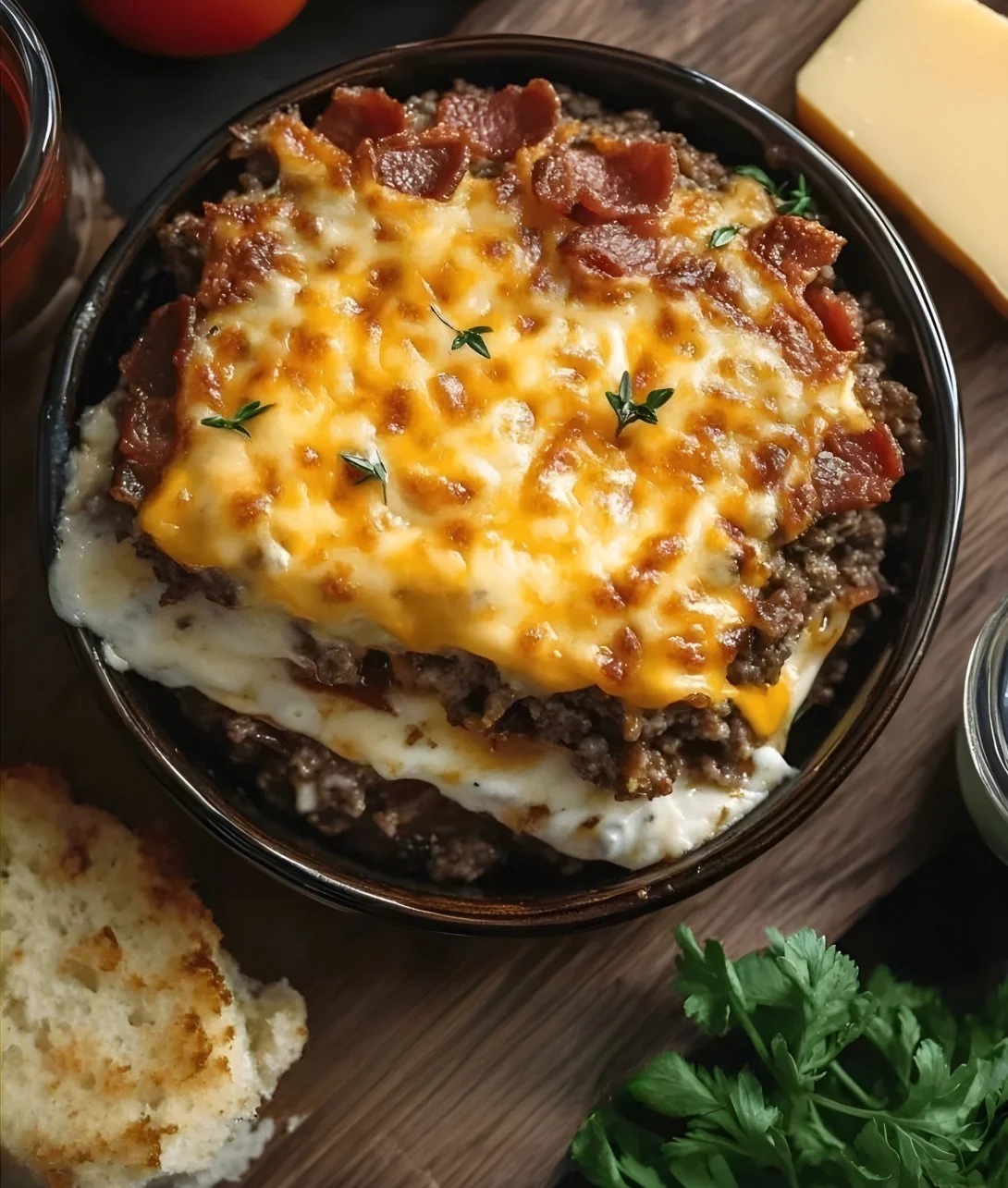 Low-Carb Bacon Cheeseburger Casserole served in a baking dish