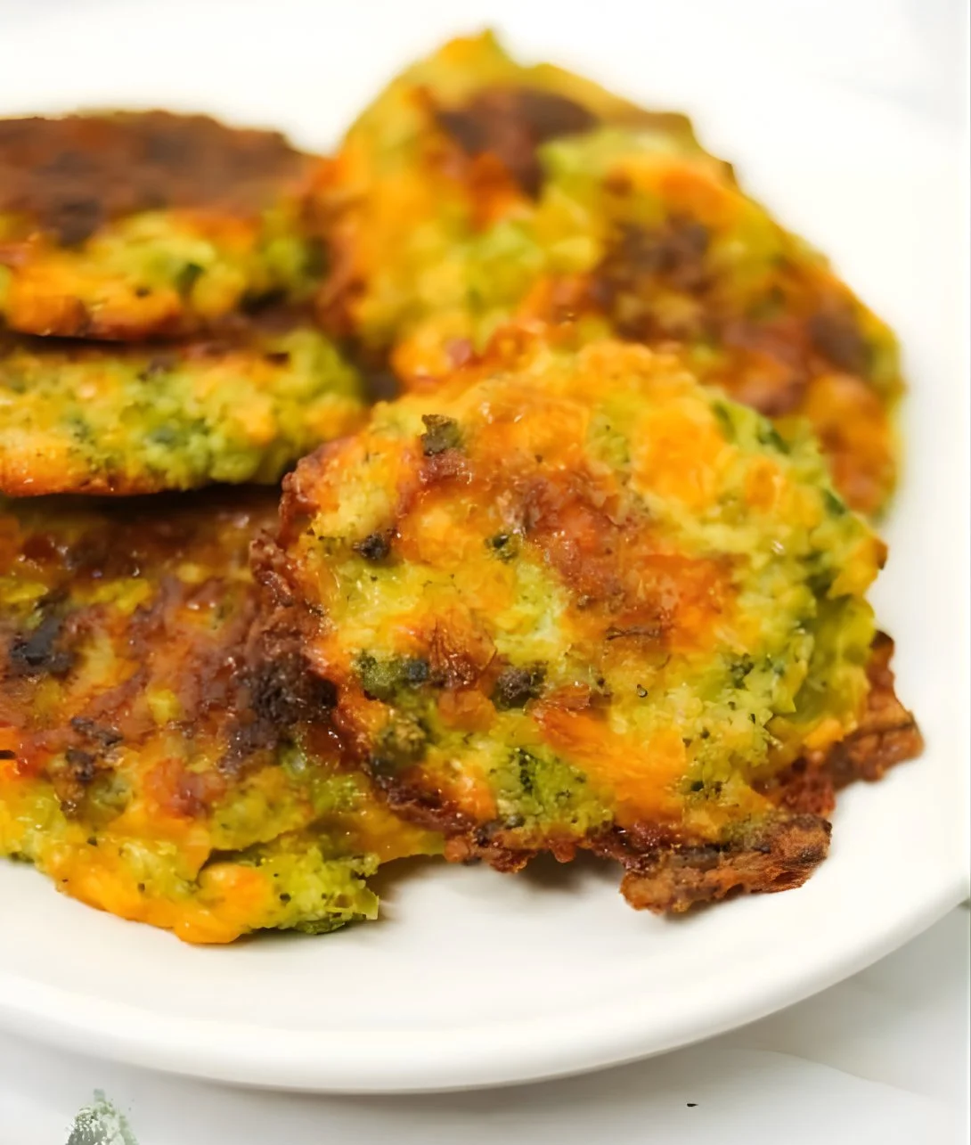 Plate of low carb broccoli fritters garnished with herbs