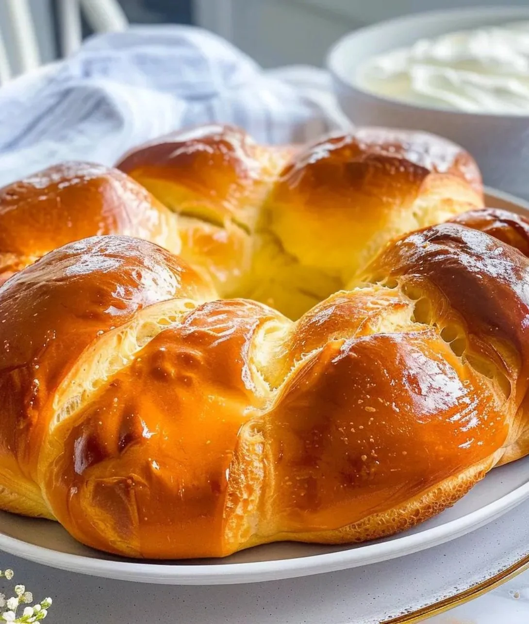 Freshly baked Milk Brioche loaf on a wooden table