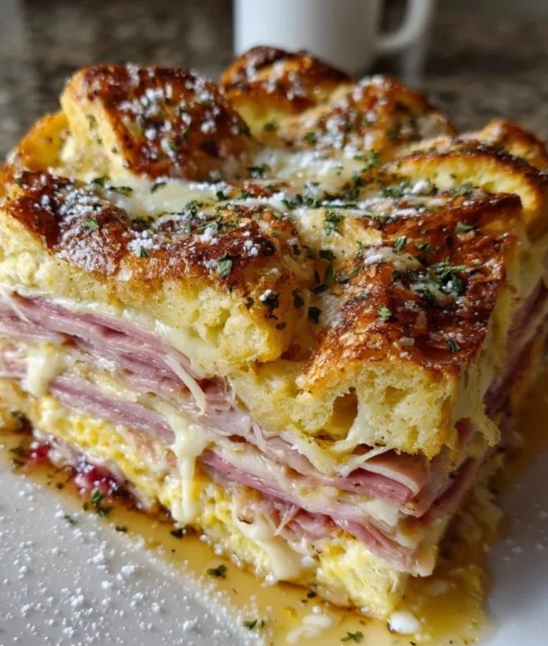 Delicious Monte Cristo Breakfast Casserole with layers of ham, cheese, and egg
