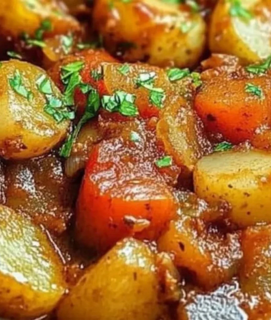A bowl of flavorful Moroccan potato stew garnished with fresh herbs.