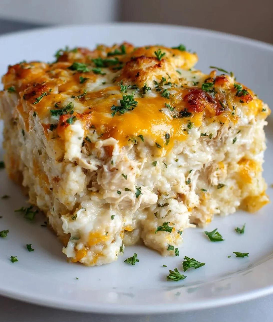 Cheesy chicken riced cauliflower casserole baked to perfection
