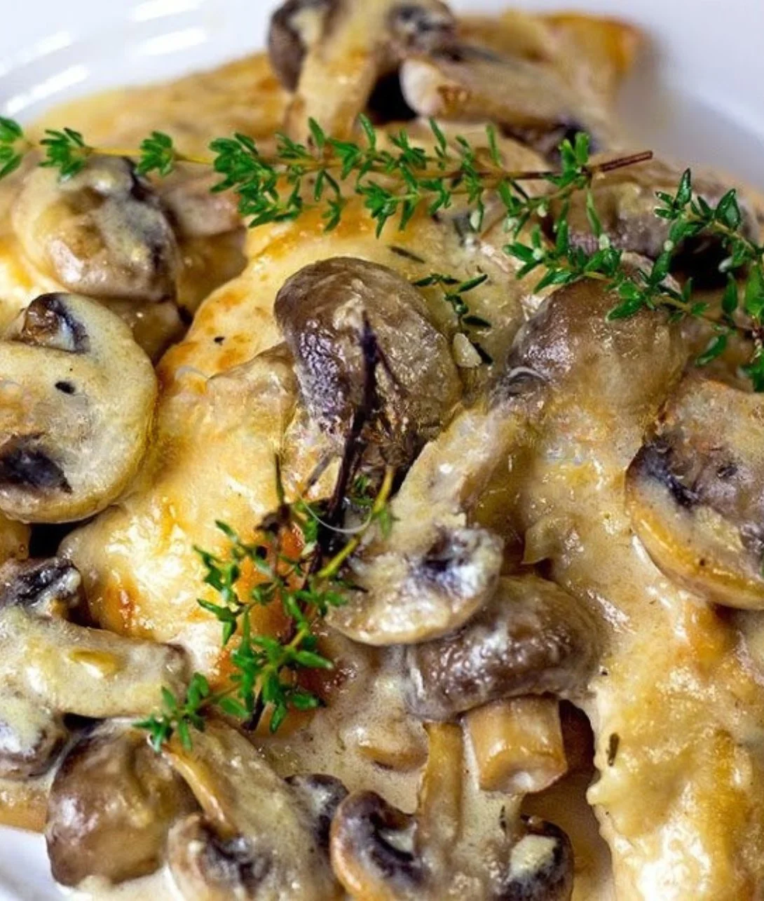 Plate of Mushroom Asiago Chicken garnished with herbs