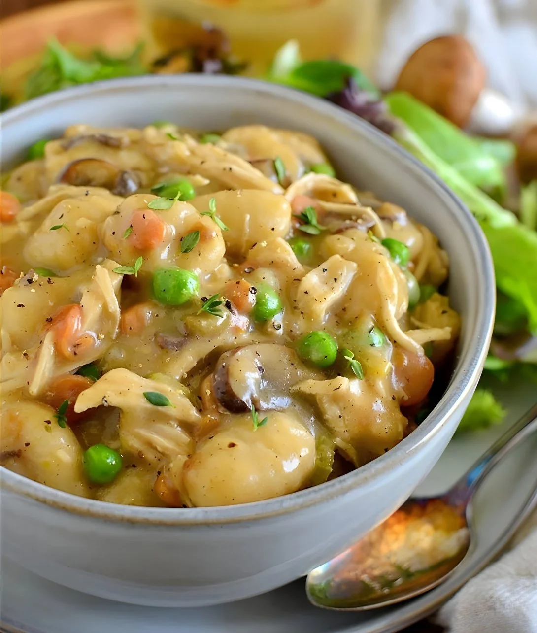 One Pot Gnocchi Chicken Pot Pie served in a rustic dish