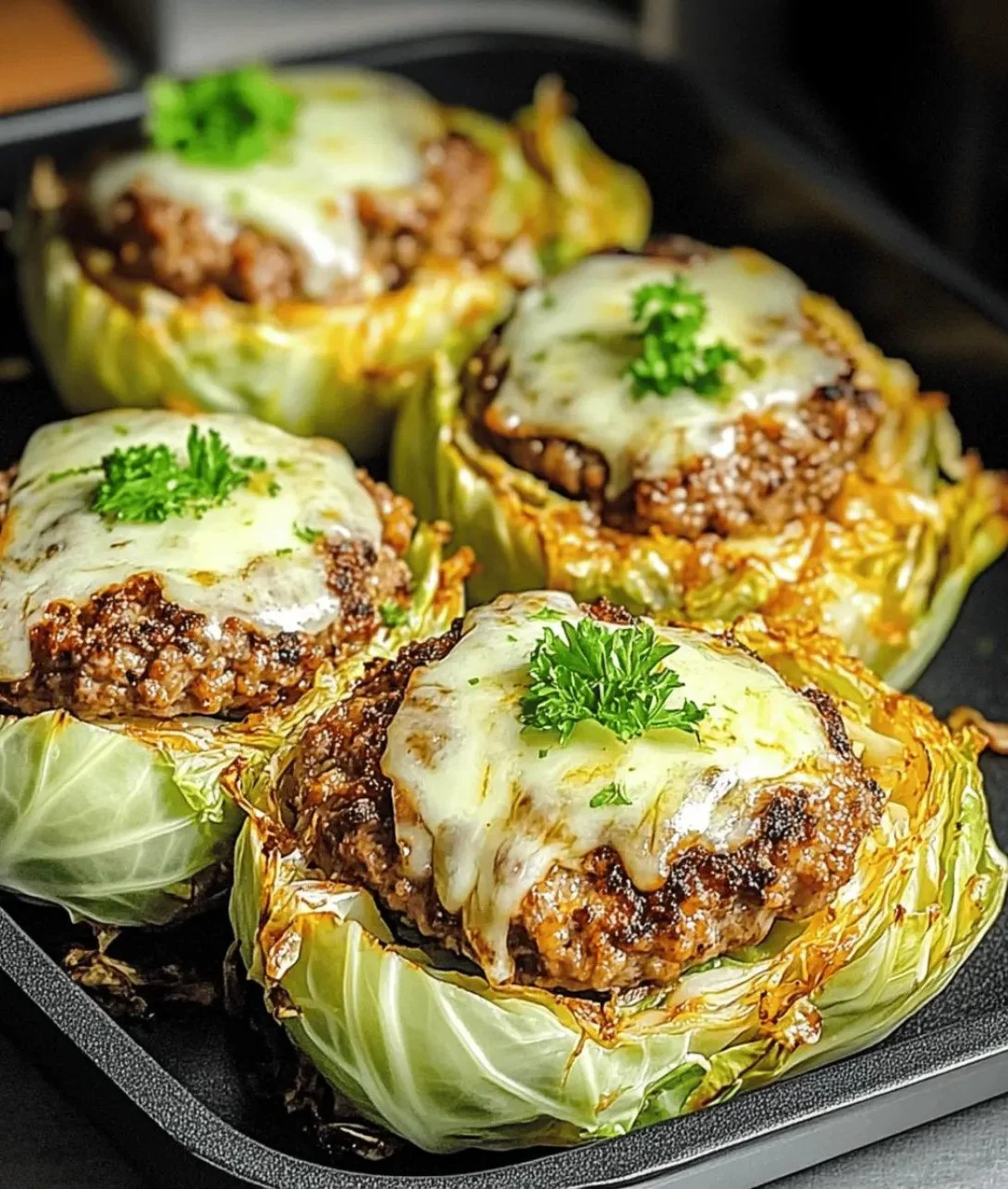 Oven-baked cabbage burgers served on a plate with fresh toppings
