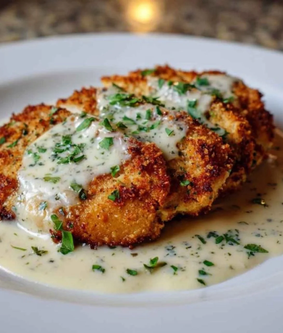 Delicious Parmesan Crusted Chicken topped with creamy garlic sauce.