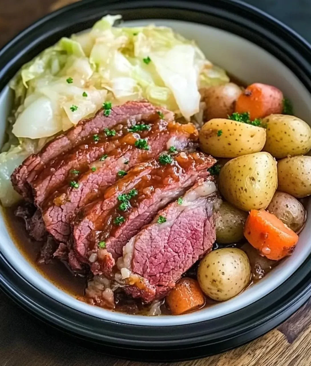 Delicious slow cooker corned beef ready to serve