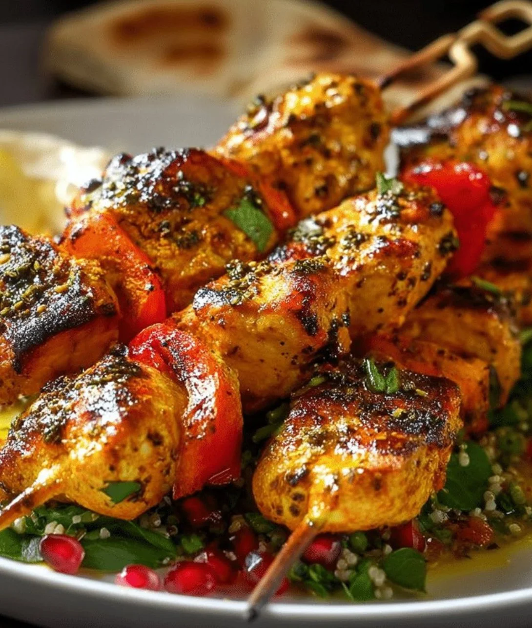 Persian Chicken Kabobs sizzling on the grill with vibrant spices.